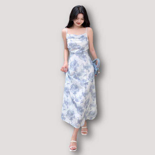 Flowy Soft Blue Floral Cowl Neckline Midi Boho Dress Australia