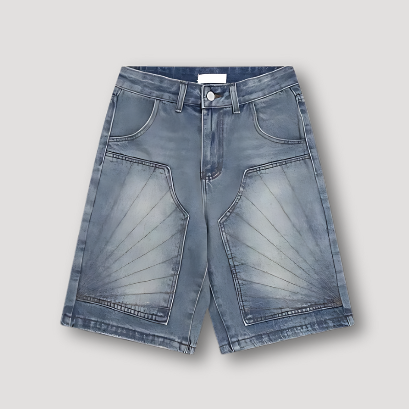 Washed Hip Hop Faded Stripe Patchwork Denim Shorts