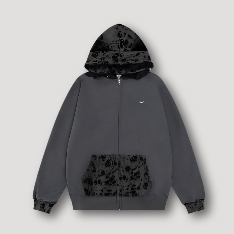 Black Lace Hollow Out Velvet Grey Zip Hoodie