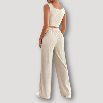 Solid Ribbed Knit Crop Top and Pants Set