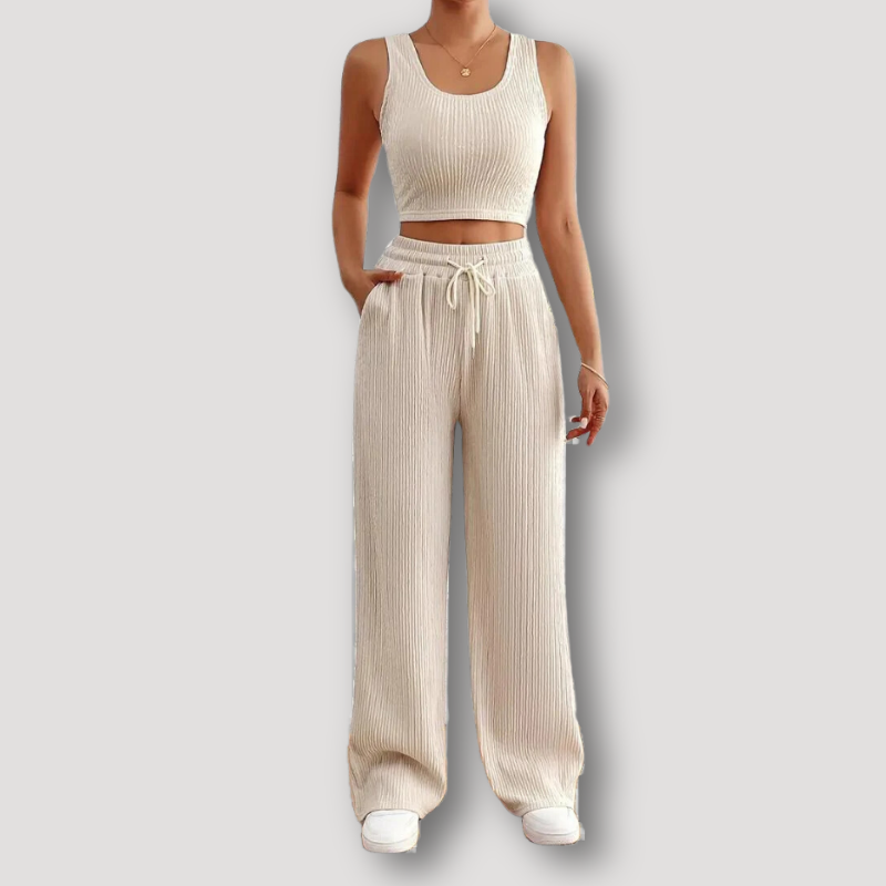 Solid Ribbed Knit Crop Top and Pants Set