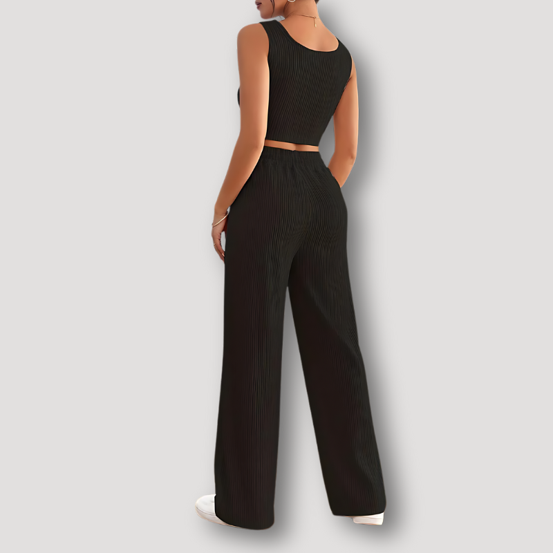 Solid Ribbed Knit Crop Top and Pants Set