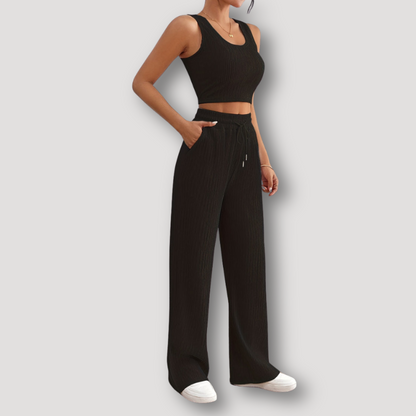 Solid Ribbed Knit Crop Top and Pants Set