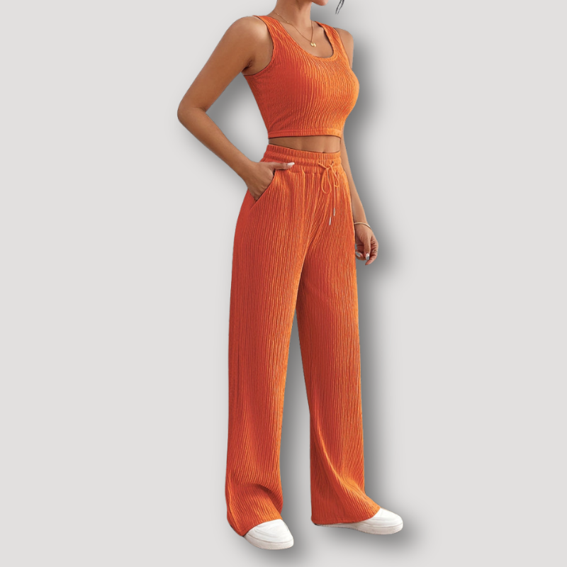 Solid Ribbed Knit Crop Top and Pants Set