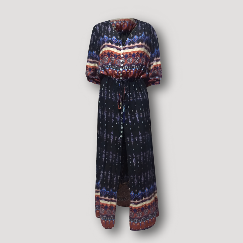 Geometric Tribal Button Down Tie Waist Boho Dress Maxi