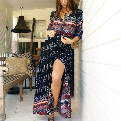 Geometric Tribal Button Down Tie Waist Boho Dress Maxi