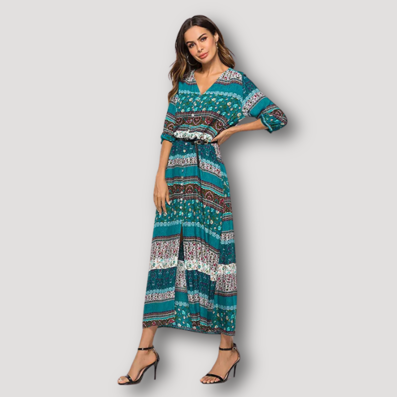 Geometric Tribal Button Down Tie Waist Boho Dress Maxi