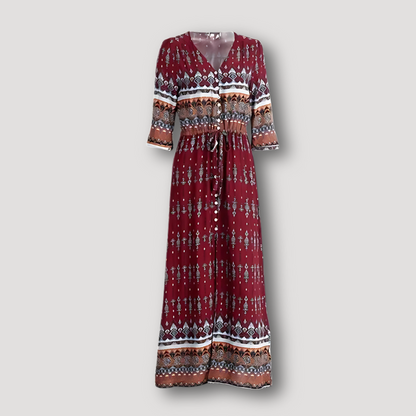 Geometric Tribal Button Down Tie Waist Boho Dress Maxi