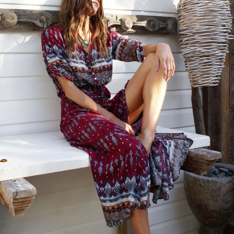 Geometric Tribal Button Down Tie Waist Boho Dress Maxi