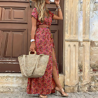 Long Dress Floral Print Slit Boho Style Maxi Dress