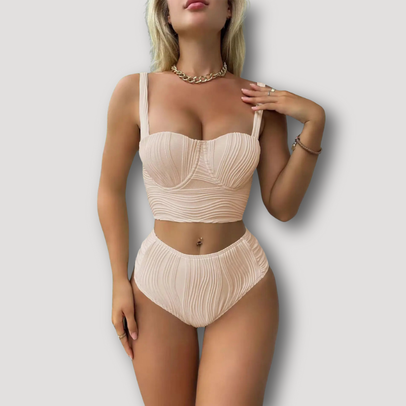 Ribbed Bustier Cup High Waisted Two Piece Bikini Set