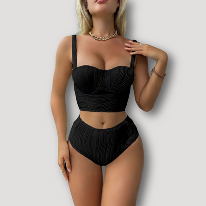 Ribbed Bustier Cup High Waisted Two Piece Bikini Set