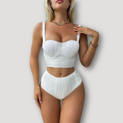 Ribbed Bustier Cup High Waisted Two Piece Bikini Set