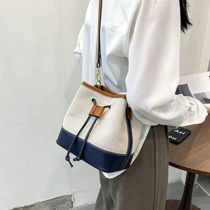 Color Blocked Drawstring Cross Body Bucket Bag