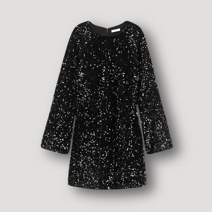 Black Satin Big Bow Long Sleeve Sequin Mini Dress