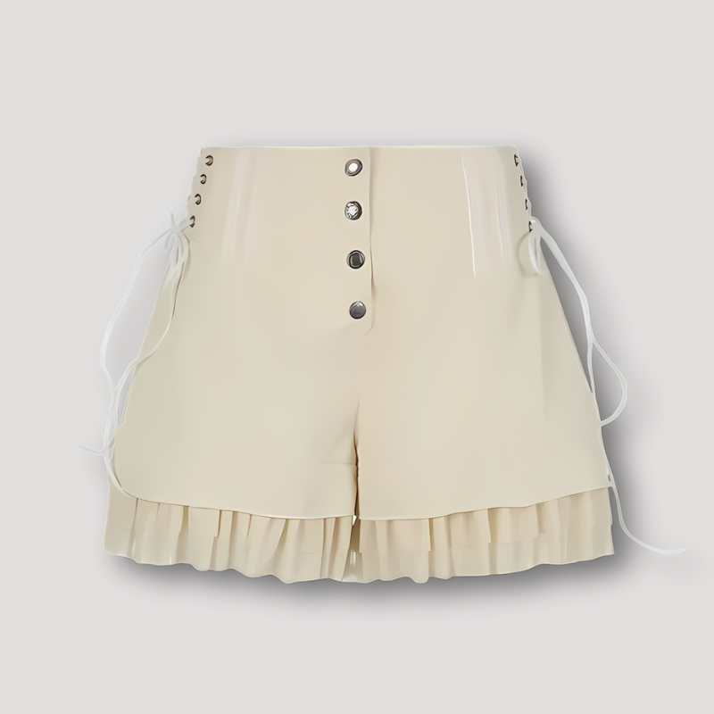 Lace up Corset Inspired Ruffled Hem High Waisted Shorts