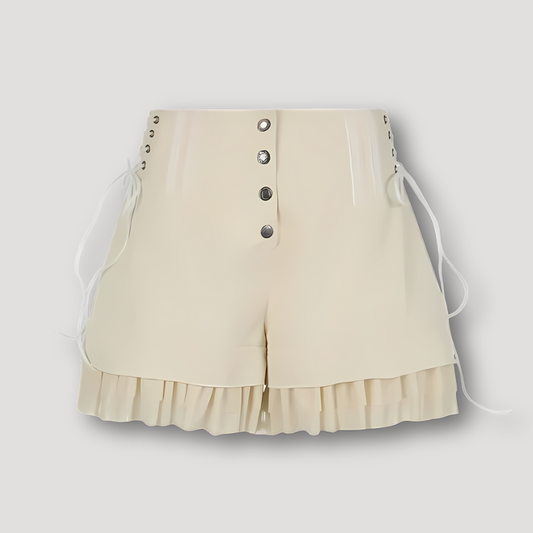 Lace up Corset Inspired Ruffled Hem High Waisted Shorts