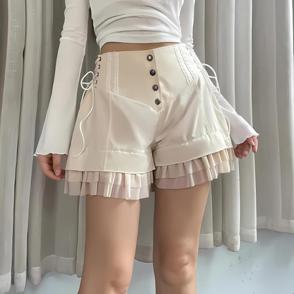 Lace up Corset Inspired Ruffled Hem High Waisted Shorts