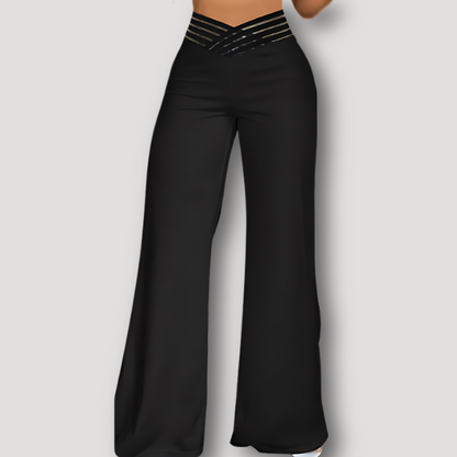 Hollow Waist Elastic Band High Rise Wide Leg Flared Pants Women