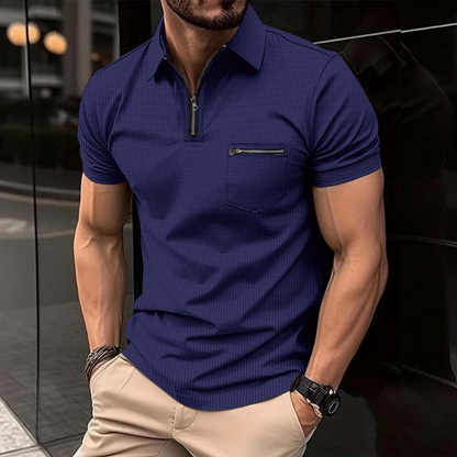 Waffle Knitted Quarter Zip Slim Fit Polo Shirts for Men