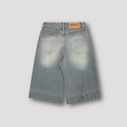 Retro Whiskered Wash Cropped Baggy Denim Shorts