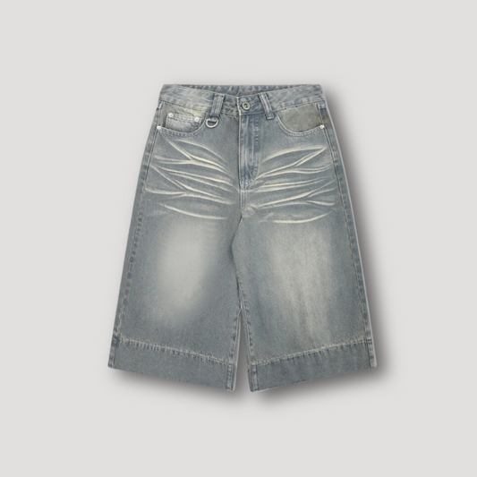 Retro Whiskered Wash Cropped Baggy Denim Shorts