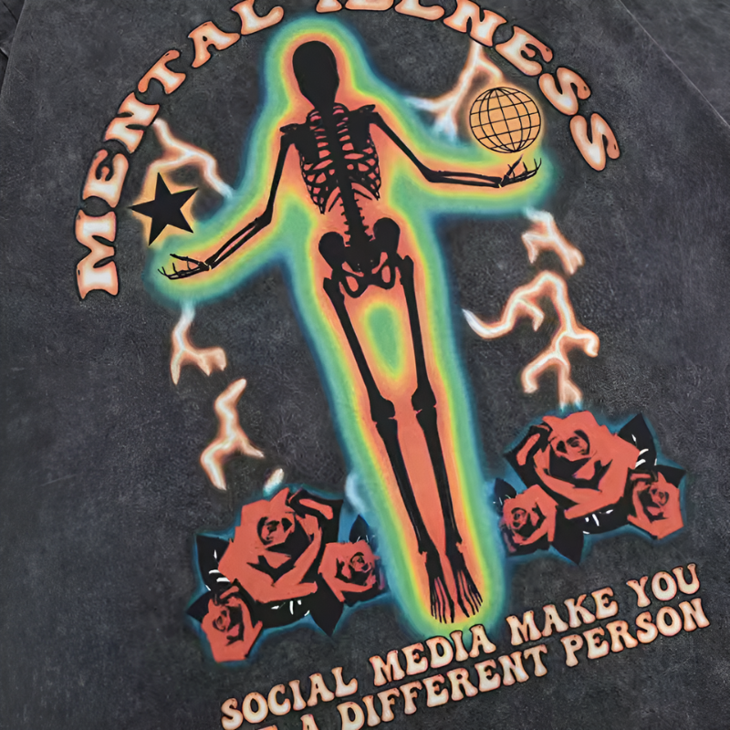 Mental Illness Skeleton Rose Washed Oversized Graphic Tee