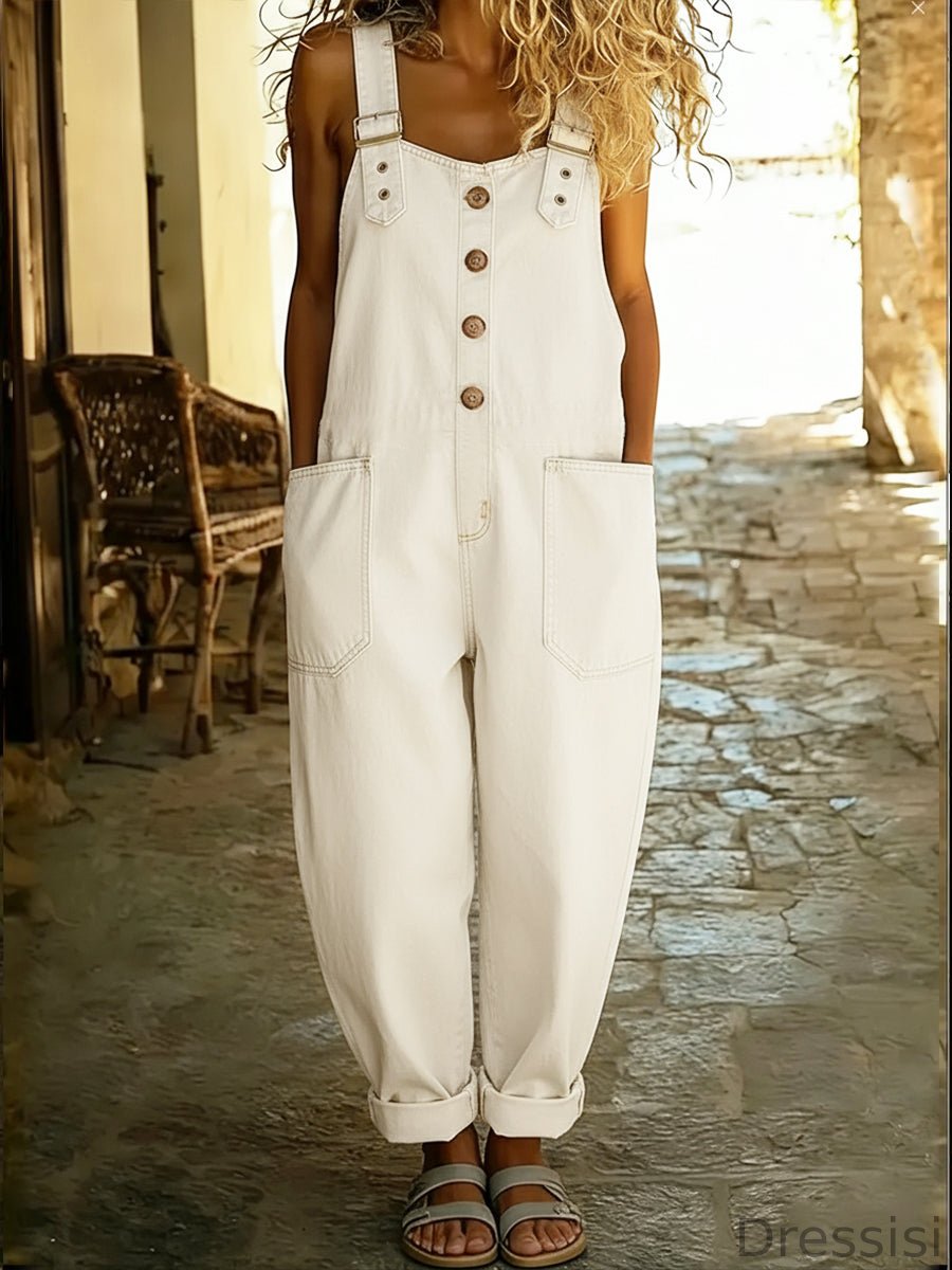 Vintage Washed Cotton Denim Overalls – Women – Relaxed Fit Wide Leg With Adjustable Straps