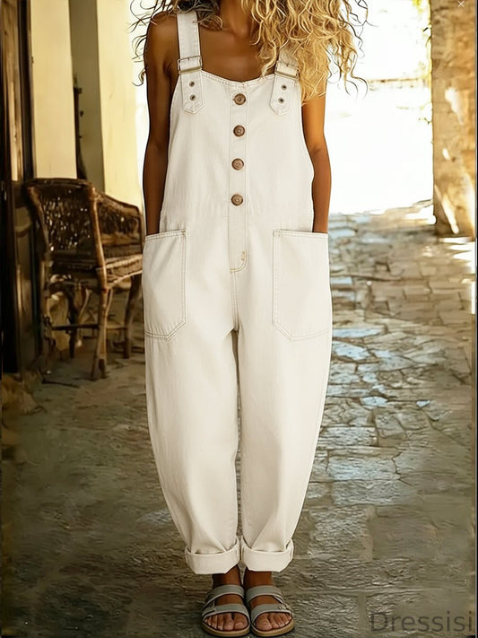 Vintage Washed Cotton Denim Overalls – Women – Relaxed Fit Wide Leg With Adjustable Straps