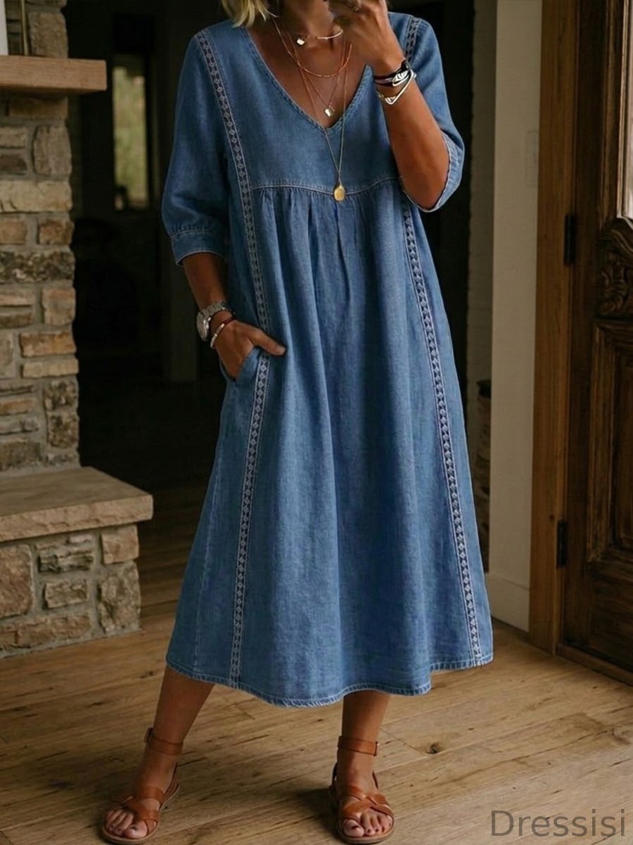Casual Denim Midi Dress Women – 100% Cotton – V Neck Short Sleeve With Pockets