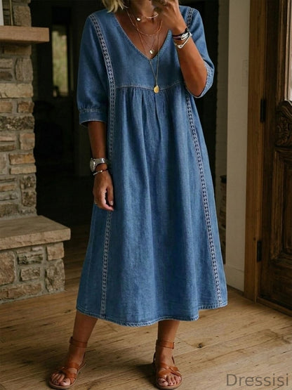 Casual Denim Midi Dress Women – 100% Cotton – V Neck Short Sleeve With Pockets
