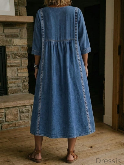 Casual Denim Midi Dress Women – 100% Cotton – V Neck Short Sleeve With Pockets