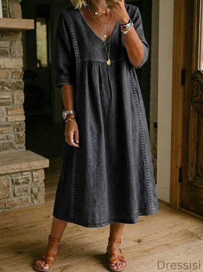 Casual Denim Midi Dress Women – 100% Cotton – V Neck Short Sleeve With Pockets