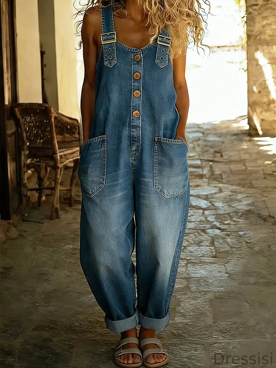 Vintage Washed Cotton Denim Overalls – Women – Relaxed Fit Wide Leg With Adjustable Straps