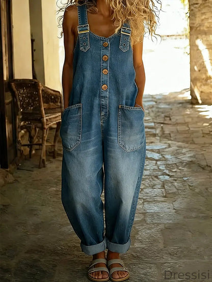 Vintage Washed Cotton Denim Overalls – Women – Relaxed Fit Wide Leg With Adjustable Straps