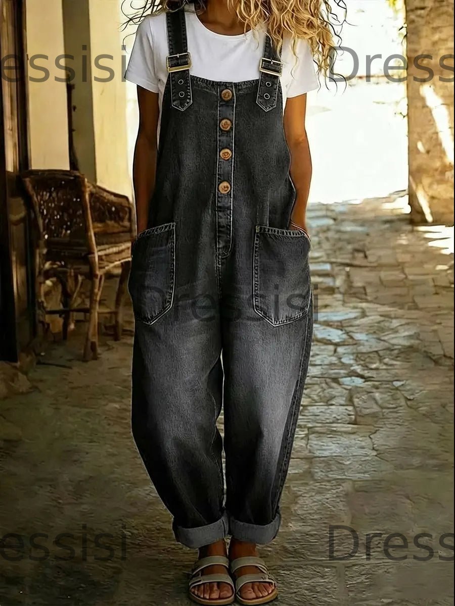 Vintage Washed Cotton Denim Overalls – Women – Relaxed Fit Wide Leg With Adjustable Straps