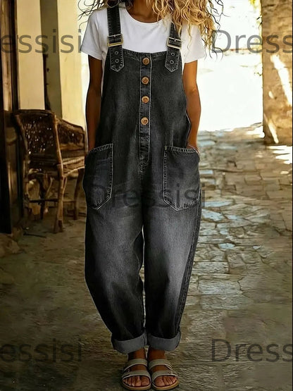 Vintage Washed Cotton Denim Overalls – Women – Relaxed Fit Wide Leg With Adjustable Straps