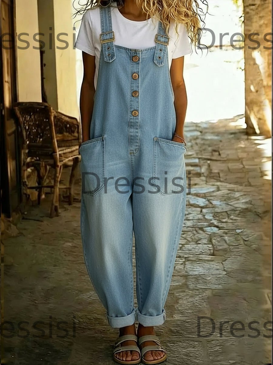Vintage Washed Cotton Denim Overalls – Women – Relaxed Fit Wide Leg With Adjustable Straps