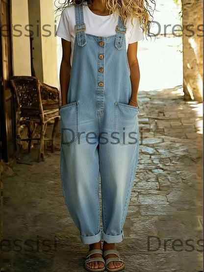 Vintage Washed Cotton Denim Overalls – Women – Relaxed Fit Wide Leg With Adjustable Straps