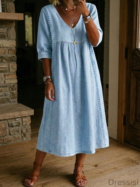 Casual Denim Midi Dress Women – 100% Cotton – V Neck Short Sleeve With Pockets
