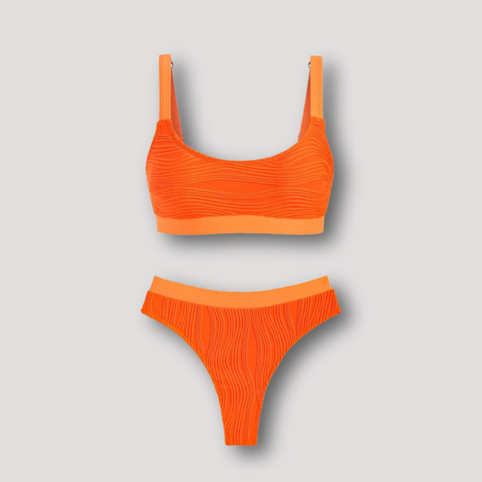 Orange Wave Textured Tank Top High Waist Bikini Set Swimwear Women