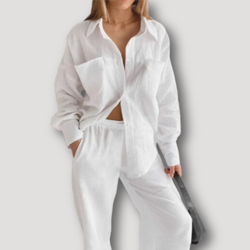 White 2 Piece Set Women Shirt and Pants Set