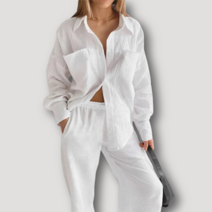 White 2 Piece Set Women Shirt and Pants Set