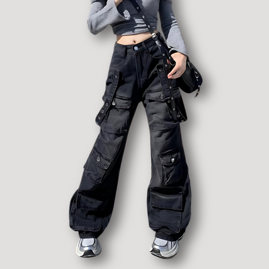 Wide Leg High Waisted Washed Hole Black Cargo Pants Women