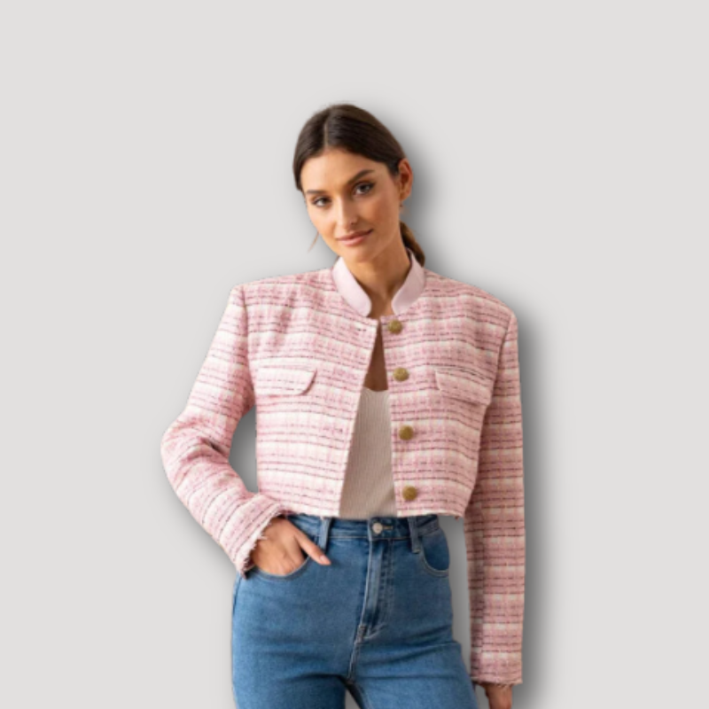 Women's Crop Tops Pink Striped Tweed Blazer