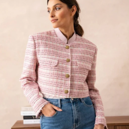 Women's Crop Tops Pink Striped Tweed Blazer