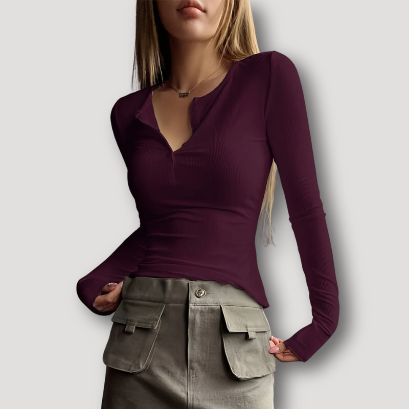 Deep V-Neck Slim Fitted Ribbed Henley Long Sleeve Crop Top