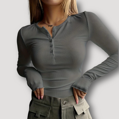 Deep V-Neck Slim Fitted Ribbed Henley Long Sleeve Crop Top