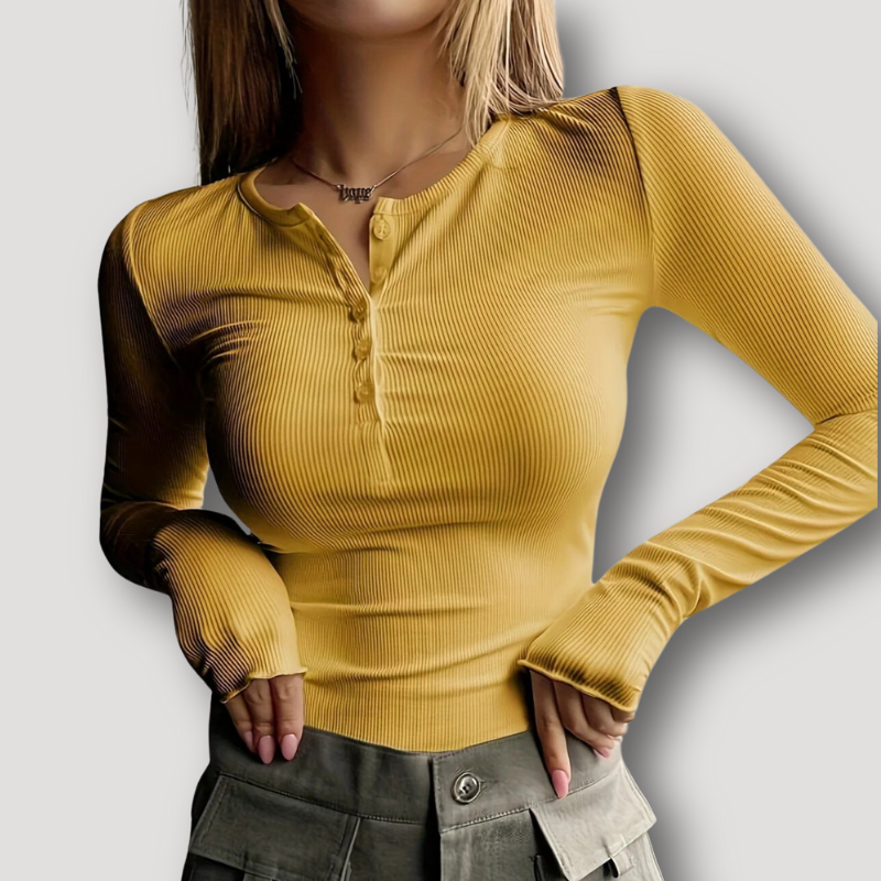 Deep V-Neck Slim Fitted Ribbed Henley Long Sleeve Crop Top