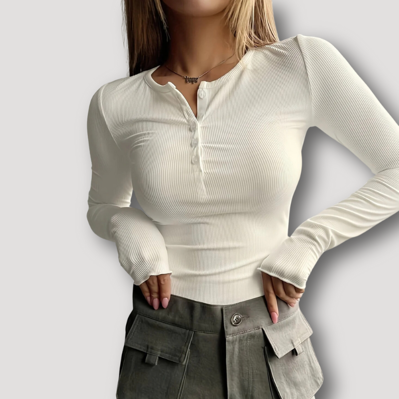 Deep V-Neck Slim Fitted Ribbed Henley Long Sleeve Crop Top